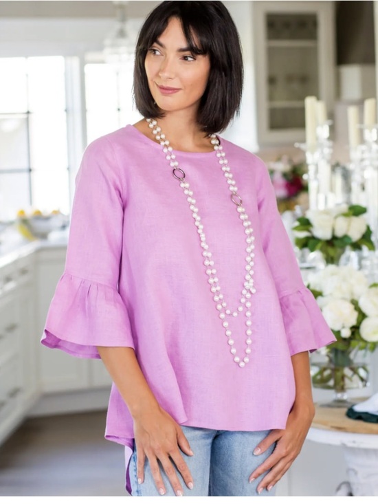 Crown Linen Designs Tops - Crown linen designs women size s Lilac Ruffle-Sleeve Linen-Blend Blouse